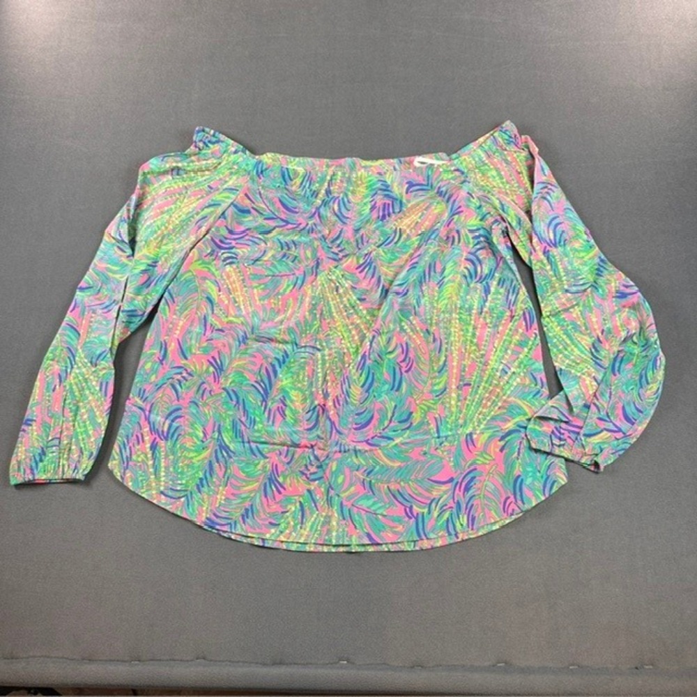 NWT Lilly Pulitzer Adira Off Shoulder Silk Top Pink Sunset Coco Breeze LG Blouse